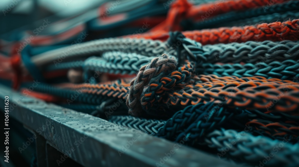 Coiled ropes in vivid colors, neatly arranged, showcasing their texture and rugged beauty on a rainy day. Coiled ropes in vivid colors, neatly arranged, showcasing their texture and rugged beauty on a rainy day.