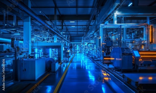 Industrial machinery in a blue lit factory.