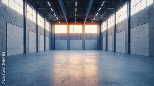 Spacious industrial warehouse interior.