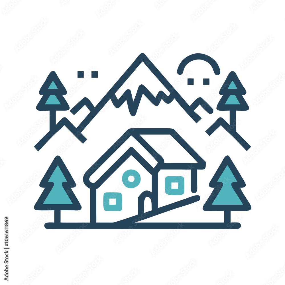Scenic real estate logo with mountain, house, and trees
Scenic real estate logo with mountain, house, and trees