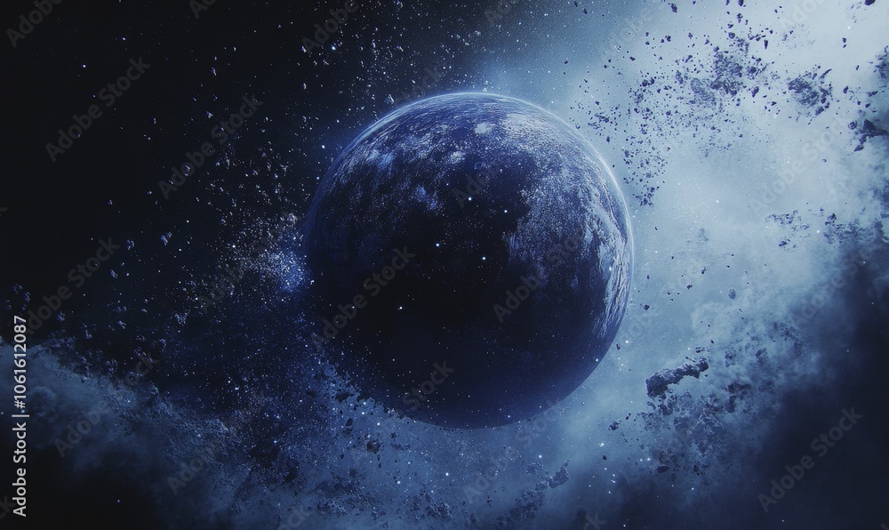 A blue planet surrounded by space debris. A blue planet surrounded by space debris.