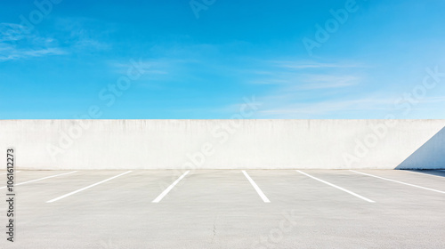 A quiet, empty parking area with a smooth concrete ground and sharply defined white lines sits under a bright blue sky. The concrete wall along one side adds a subtle industrial feel, while the open