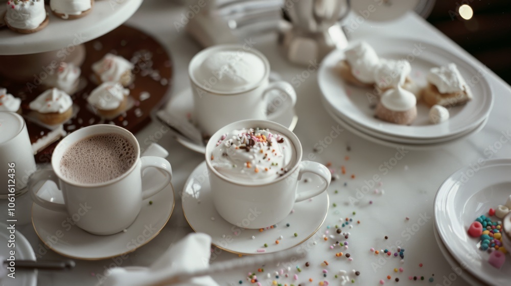 A table spread with cups of cocoa topped with whipped cream, surrounded by festive desserts and colorful sprinkles. A table spread with cups of cocoa topped with whipped cream, surrounded by festive desserts and colorful sprinkles.