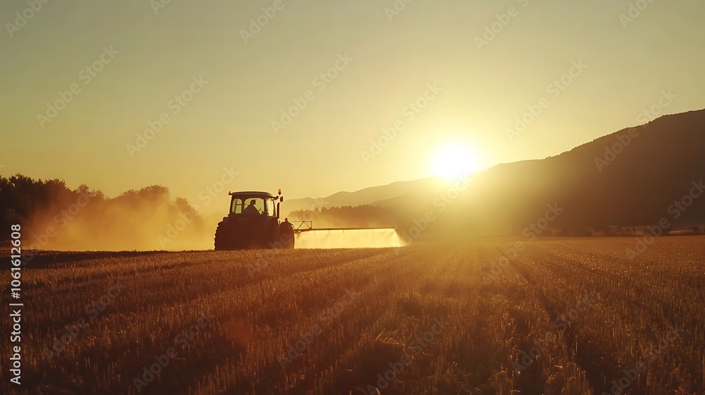 A tractor spraying crops at sunset in the farmland A tractor spraying crops at sunset in the farmland