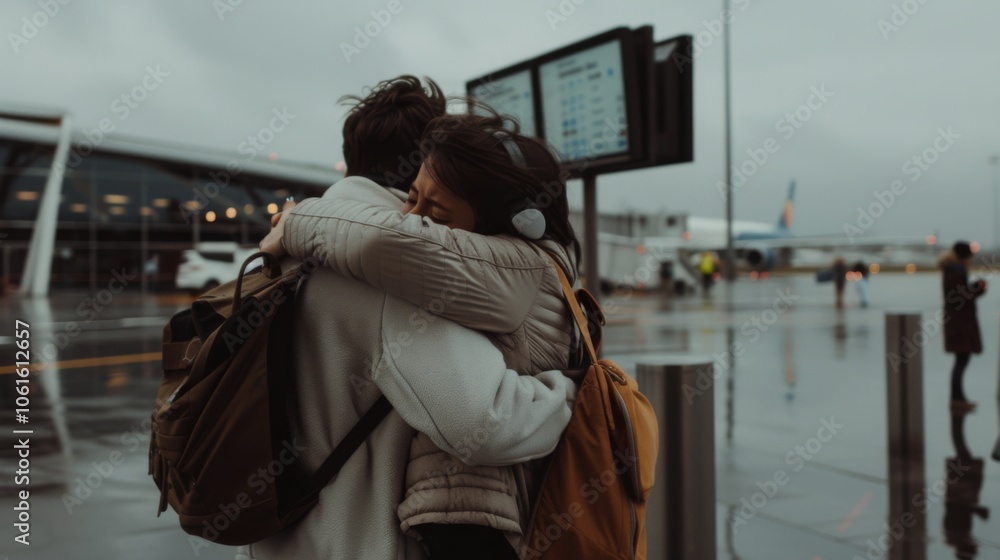 Emotional airport farewell with a warm embrace between two people, expressing heartfelt connection amidst a busy terminal. Emotional airport farewell with a warm embrace between two people, expressing heartfelt connection amidst a busy terminal.