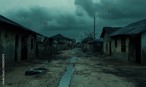 Dark, narrow street between decrepit houses.