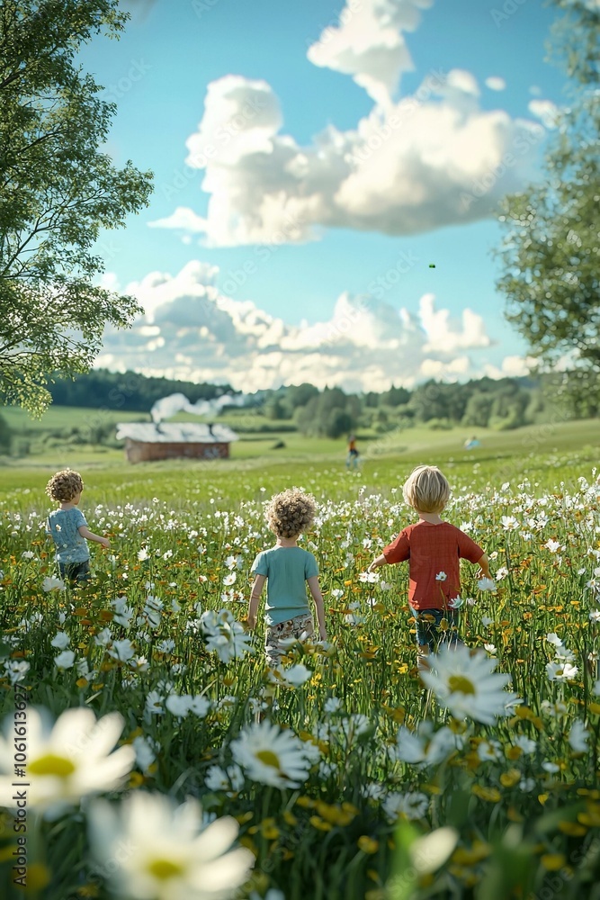 Fototapeta premium Children are playing on green meadow.