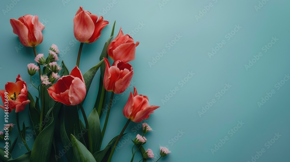 Bright red tulips scattered with green leaves on a solid blue background. Natural arrangement. Perfect for spring or floral themes, vibrant colors. Bright red tulips scattered with green leaves on a solid blue background. Natural arrangement. Perfect for spring or floral themes, vibrant colors.