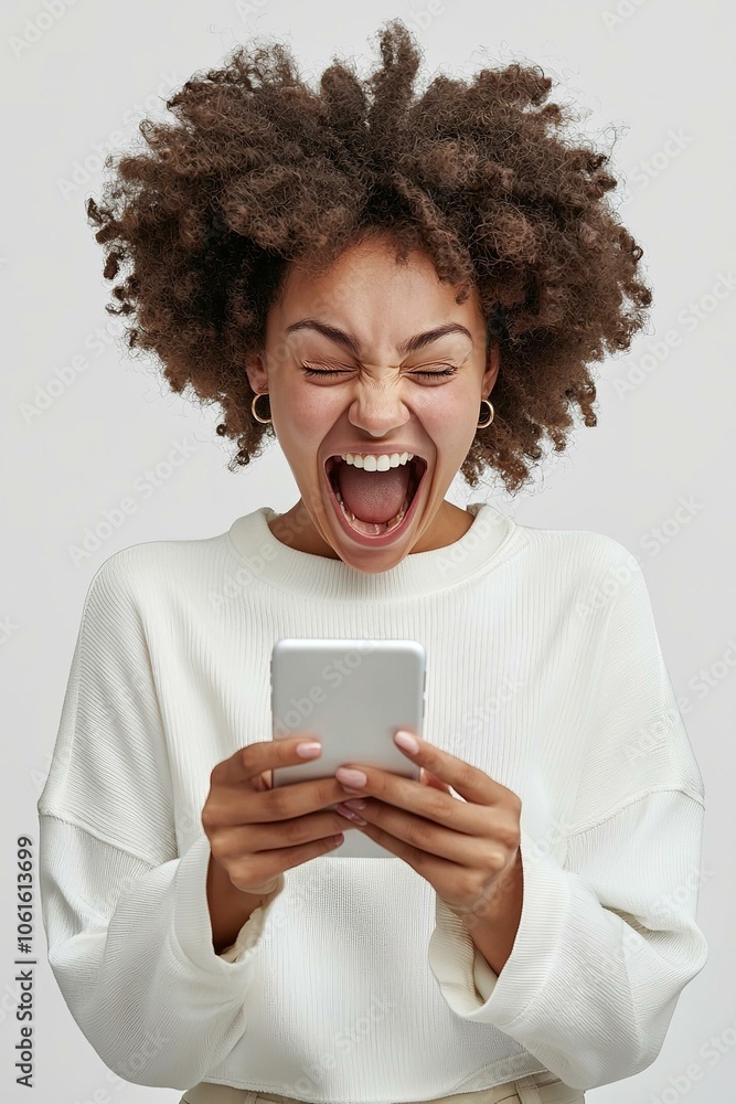 Excited happy woman looking at phone screen celebrating online win overjoyed young female screaming with joy holding smartphone reading good news in unexpected message or email. Excited happy woman looking at phone screen celebrating online win overjoyed young female screaming with joy holding smartphone reading good news in unexpected message or email.
