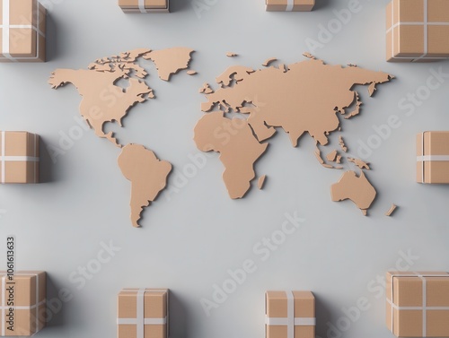 A world map made of cardboard is surrounded by wrapped parcels, symbolizing global shipping and logistics. photo