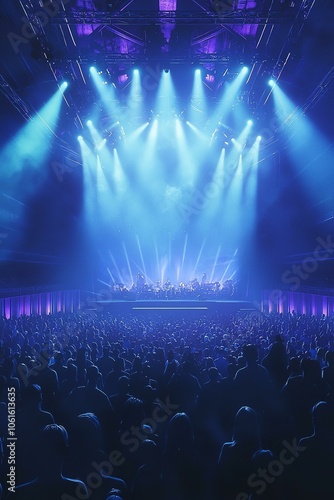 A crowded concert hall with scene stage lights in blue tones rock show performance with people silhouette on dance floor air during a concert festival.