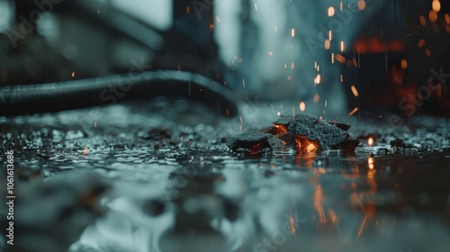 Embers crackle and spark in a puddle as raindrops fall, creating a captivating contrast between fiery warmth and wet tranquility.