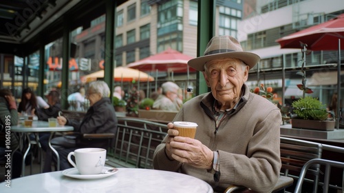 An elderly man in a hat joyfully sips coffee at a bustling outdoor café, embracing the lively urban atmosphere.