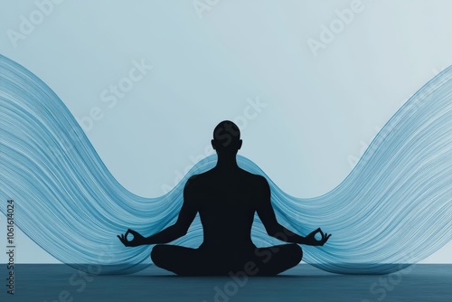 A silhouette of a meditating figure with flowing blue waves, symbolizing tranquility, mindfulness, and spiritual connection. photo