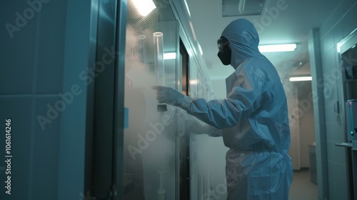 A scientist, donned in full protective gear, works meticulously within a sterile laboratory environment shrouded in cool, misty vapor.