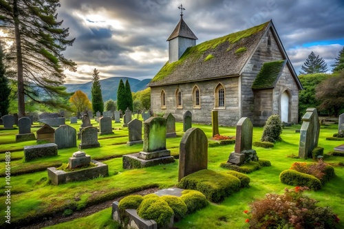 graveyard with stone tomb in old church backyard photo