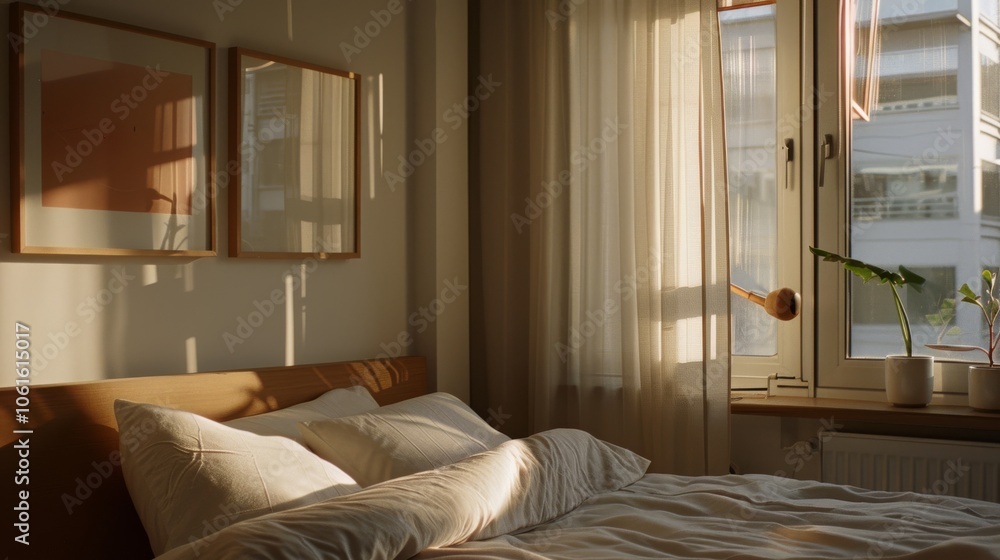 A cozy bedroom bathed in golden afternoon light, featuring soft linens and potted plants by the window, offering a serene escape. A cozy bedroom bathed in golden afternoon light, featuring soft linens and potted plants by the window, offering a serene escape.