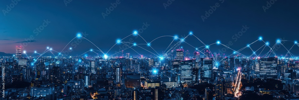 Modern cityscape connected by wireless network, glowing at night Modern cityscape connected by wireless network, glowing at night