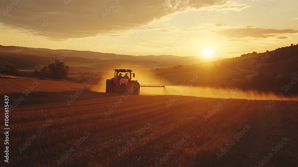 A tractor spraying crops at sunset in the farmland A tractor spraying crops at sunset in the farmland