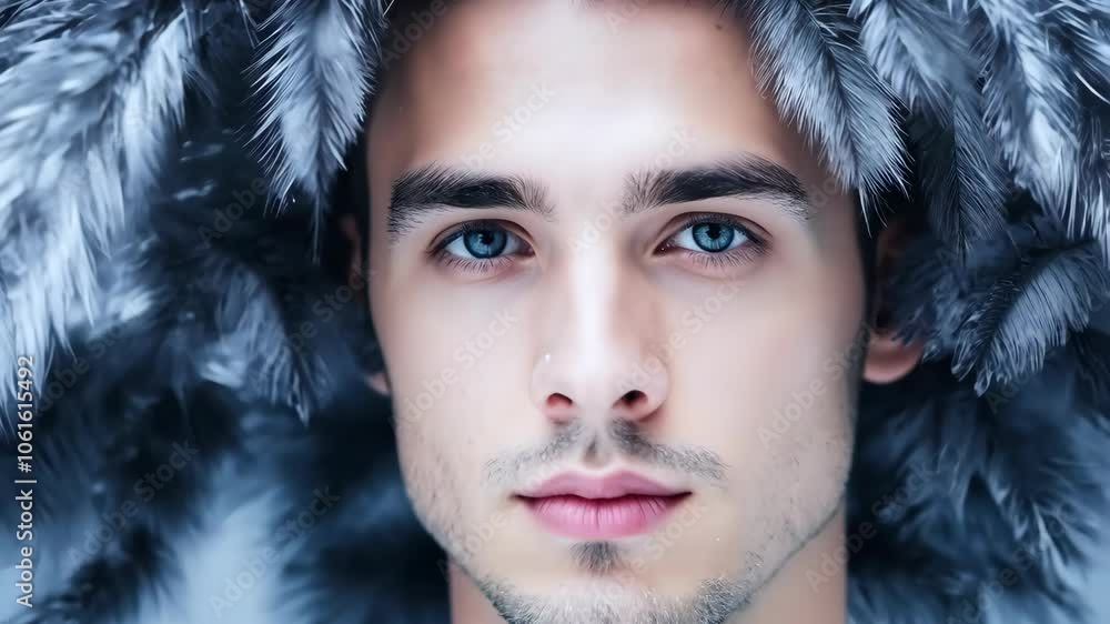 Young man with blue eyes and gray feather accents Young man with blue eyes and gray feather accents
