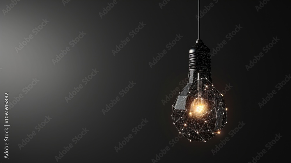 A glowing light bulb with a geometric design on a black background, representing innovation and creativity. A glowing light bulb with a geometric design on a black background, representing innovation and creativity.