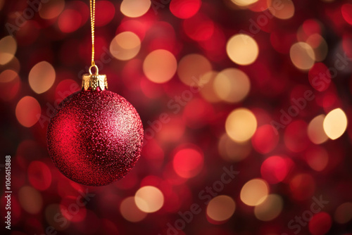 Red Christmas ball on blurred background of festive lights - holiday cheer captured in a vibrant sphere.