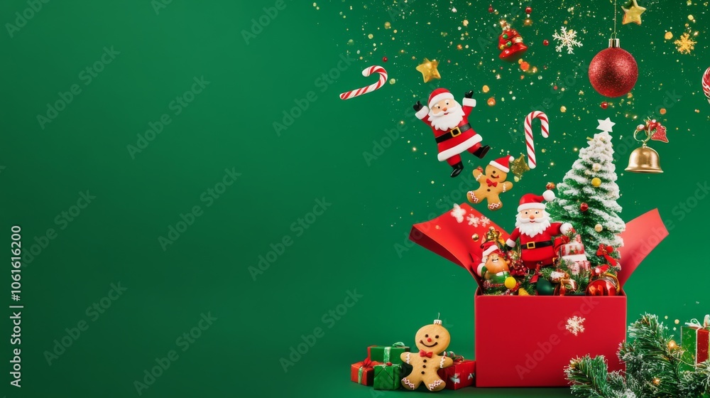 Festive Christmas Scene with Floating Decorations in Open Gift Box on Vibrant Green Background Festive Christmas Scene with Floating Decorations in Open Gift Box on Vibrant Green Background