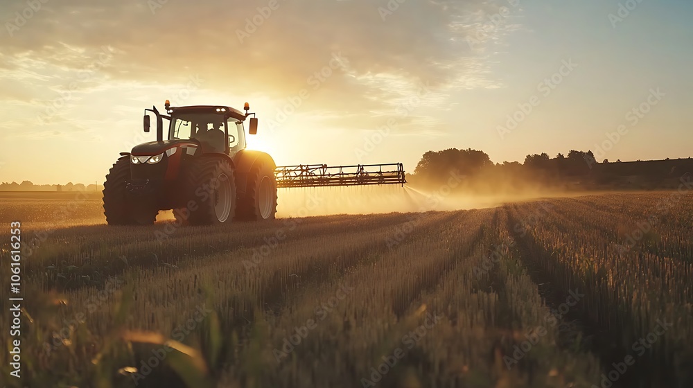 Fototapeta premium A tractor spraying crops at sunset in the farmland