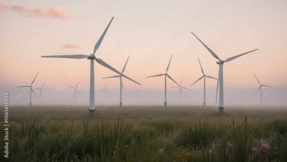 Misty Morning green meadow with Wind Turbines Misty Morning green meadow with Wind Turbines