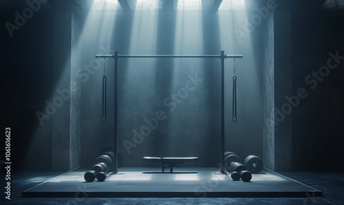 Weightlifting equipment in a dark gym. photo