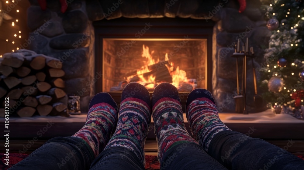 Cozy Holiday Scene with Feet in Festive Winter Socks by a Warm Fireplace, Surrounded by Twinkling Lights and Firewood Cozy Holiday Scene with Feet in Festive Winter Socks by a Warm Fireplace, Surrounded by Twinkling Lights and Firewood