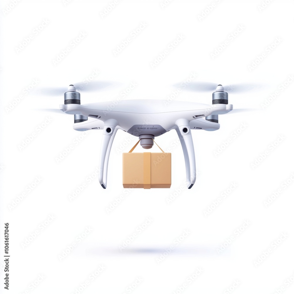 A drone is flying while carrying a small cardboard package, illustrating modern delivery solutions and aerial logistics. A drone is flying while carrying a small cardboard package, illustrating modern delivery solutions and aerial logistics.