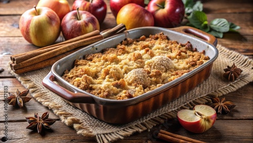 A freshly baked apple crumble with a golden brown crust and a hint of cinnamon, surrounded by fresh apples and star anise on a rustic wooden surface.