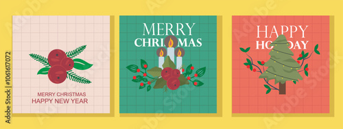 Vector set of festive Christmas and New Year backgrounds, decorated with snow elements, lights and ornaments, perfect for greeting cards, social media or digital decoration