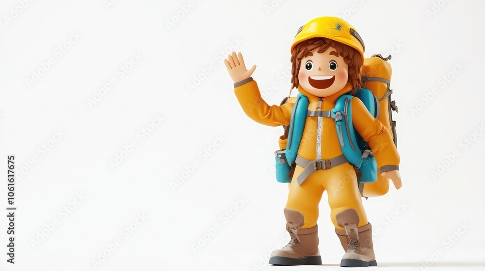 A happy cartoon hiker with a bright yellow jumpsuit waves hello. Ready for adventure! A happy cartoon hiker with a bright yellow jumpsuit waves hello. Ready for adventure!