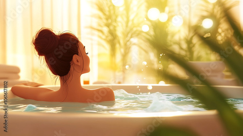 Woman is in a hot tub, smiling and relaxing. The water is clear and calm, and the sun is shining on the surface. Concept of peace and relaxation, as the woman enjoys her time in the warm water