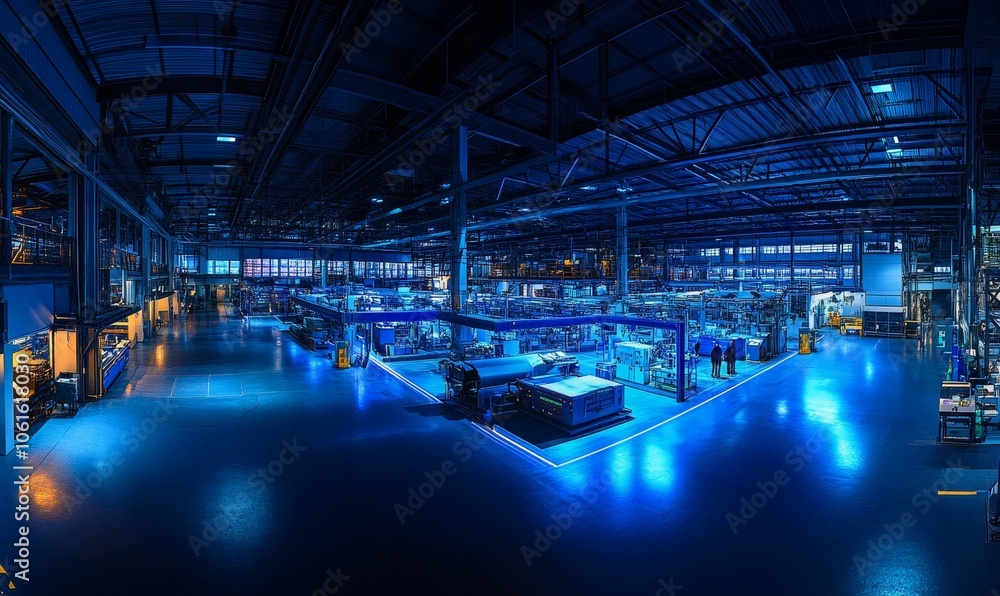 Fototapeta premium Blue-lit industrial factory interior with machinery.