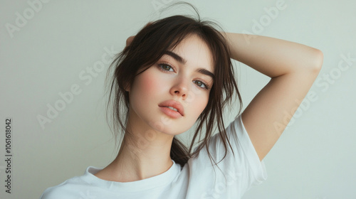 Woman with long hair and a white shirt is standing in front of a gray wall. She has a red lip and a smile on her face