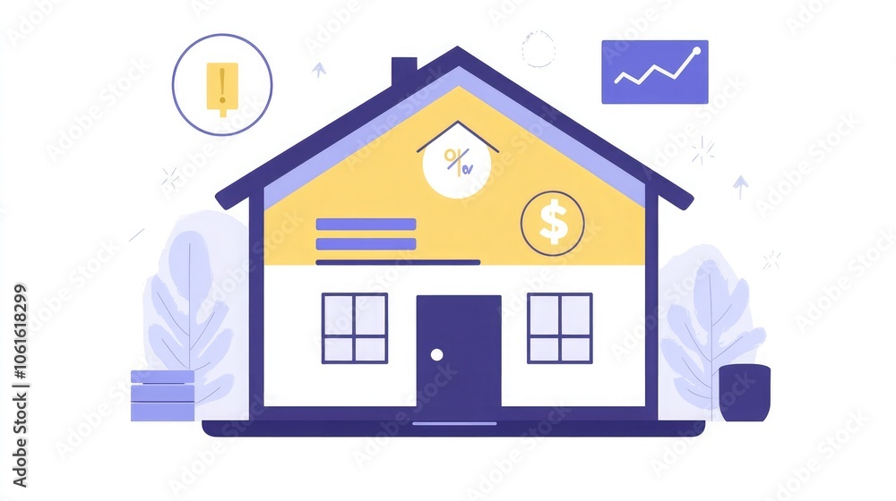 A simple illustration of a house with a percentage sign and a dollar sign on the roof, suggesting homeownership and financial growth. A simple illustration of a house with a percentage sign and a dollar sign on the roof, suggesting homeownership and financial growth.