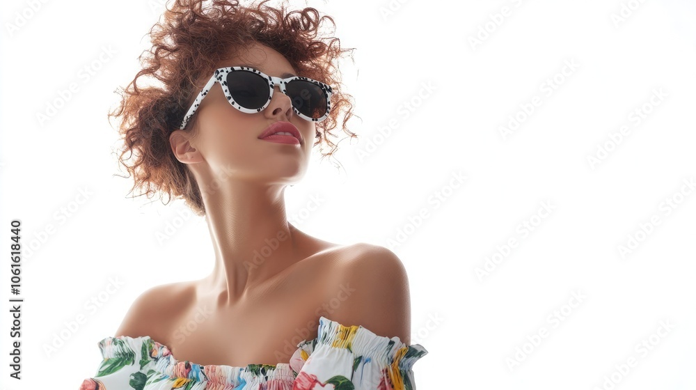 Young woman with curly red hair wearing trendy sunglasses and a floral off-the-shoulder top against a white background. Young woman with curly red hair wearing trendy sunglasses and a floral off-the-shoulder top against a white background.