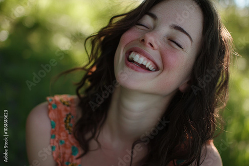 Woman with long brown hair smiling and holding a bouquet of colorful flowers in a sunlit garden. Butterflies flutter around her, adding to the magic of the moment.