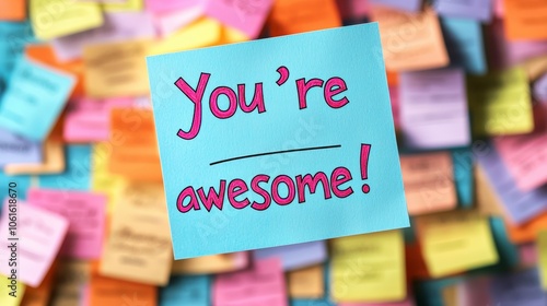 An uplifting note reading 'You're awesome!' stands out among a lively assortment of vibrant, multicolored sticky notes giving an artistic and motivational feel. photo