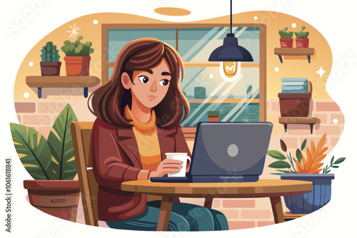 Freelancer Working from Cozy Coffee Shop on a white background. hyper-realistic, ultra-detailed