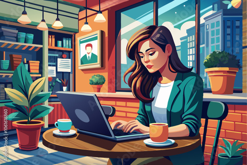 Freelancer Working from Cozy Coffee Shop on a white background. hyper-realistic, ultra-detailed