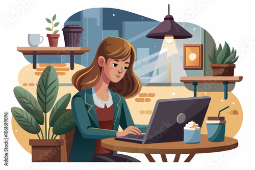 Freelancer Working from Cozy Coffee Shop on a white background. hyper-realistic, ultra-detailed