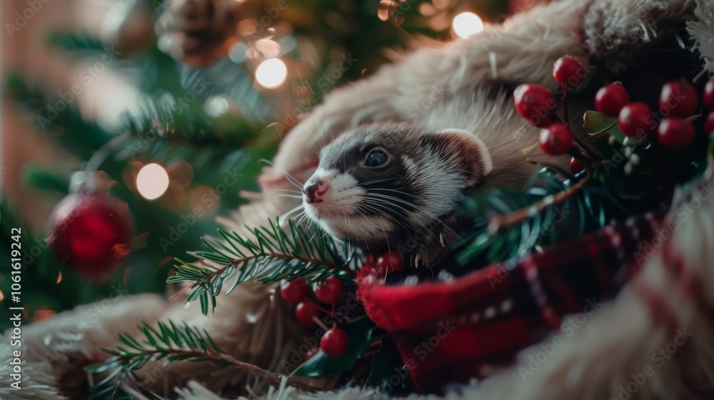 Obraz premium A ferret nestled among festive Christmas decor and warm throws, bringing a cozy and joyful holiday atmosphere to life.