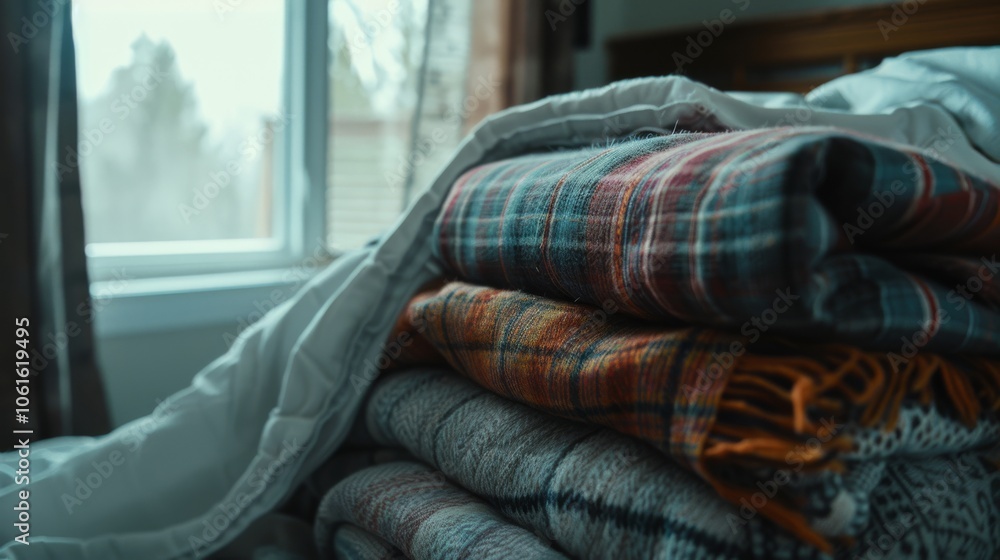 Obraz premium A cozy stack of plaid and patterned blankets beside a window, exuding warmth on a chilly day.