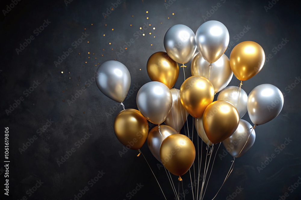 Gold and Silver Balloons Against Black Background for Christmas Gold and Silver Balloons Against Black Background for Christmas