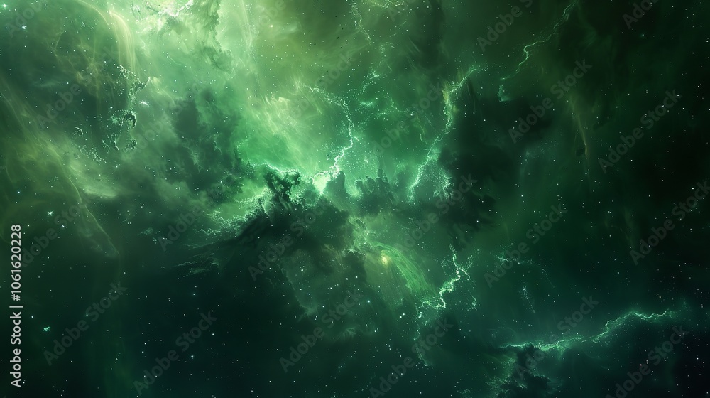 Fototapeta premium Green Nebula Space Background, 8K Realistic Lighting