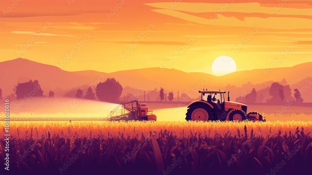 Fototapeta premium A tractor sprays a field at sunset, creating a hazy mist.